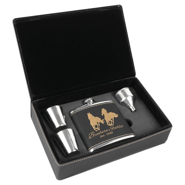 6 oz. Black/Gold Engraved Faux Leather Flask Gift Set - Black/Gold