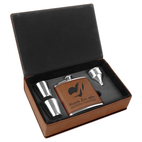 6 oz. Rawhide Engraved Faux Leather Flask Gift Set - Rawhide/Black