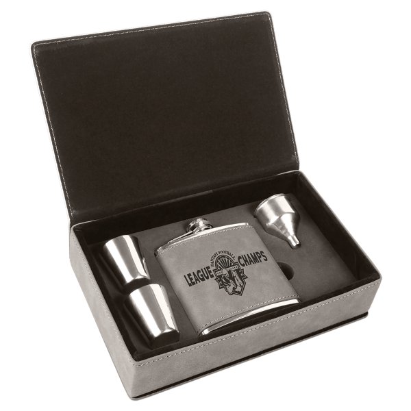 6 oz. Gray Engraved Faux Leather Flask Gift Set - Gray/Black