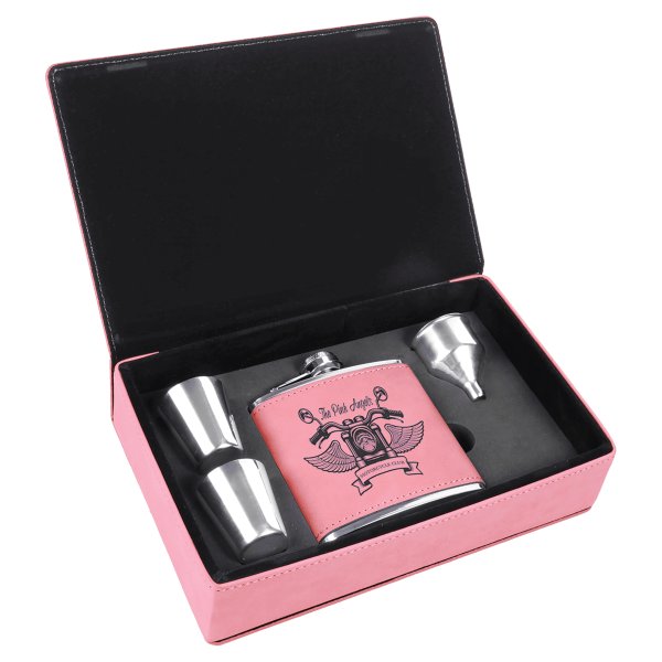 6 oz. Pink Engraved Faux Leather Flask Gift Set - Pink/Black