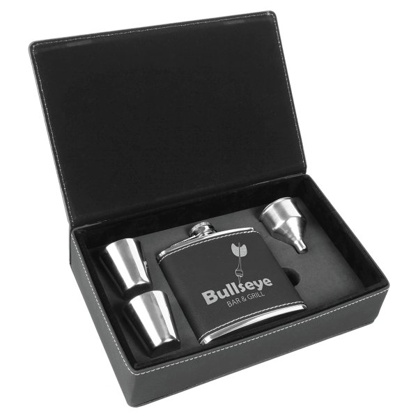 6 oz. Black/Silver Engraved Faux Leather Flask Gift Set - Black/Silver