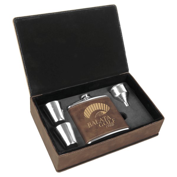 6 oz. Rustic/Gold Engraved Faux Leather Flask Gift Set - Rustic/Gold