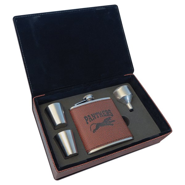 6 oz. Football Engraved Faux Leather Flask Gift Set - Brown