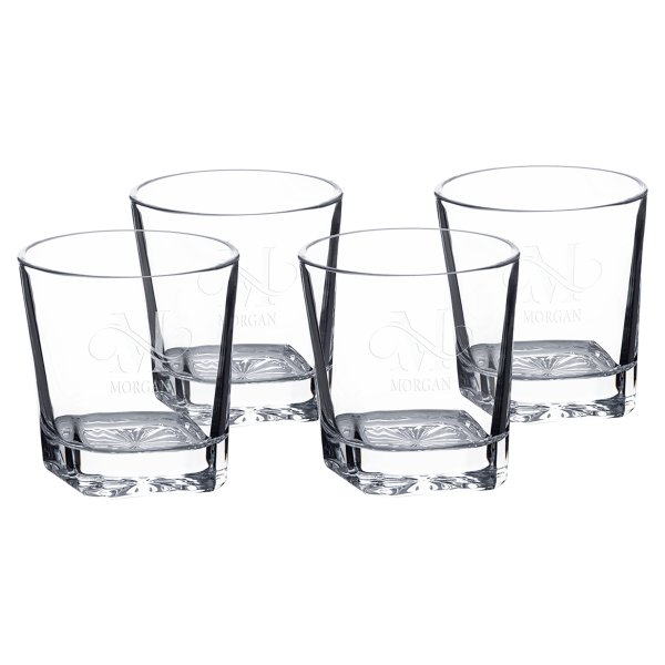 Four Polar Camel 11 oz. Square Rocks Glasses in Black Gift Box with Printed Paper Sleeve - Clear