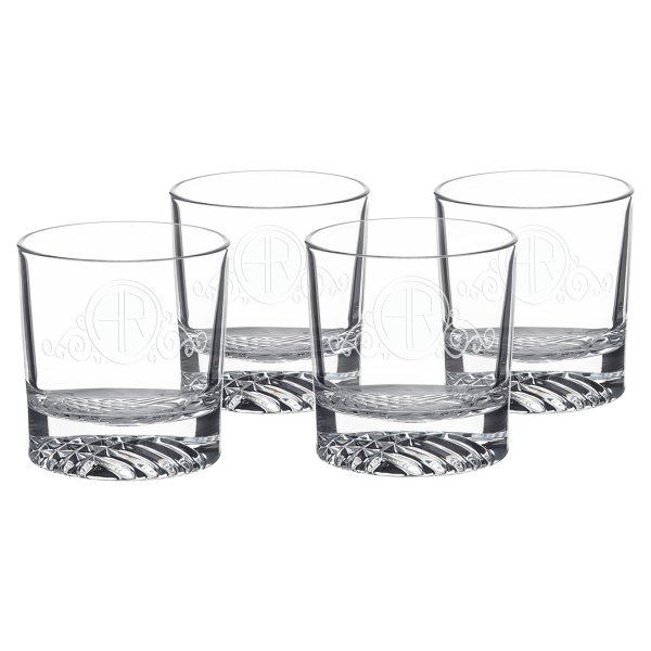 Four Polar Camel 9 oz. Round Rocks Glasses in Black Gift Box with Printed Paper Sleeve - Clear