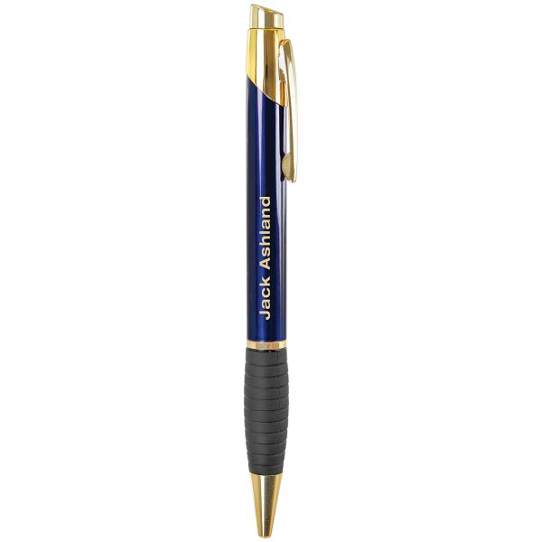 Gloss Blue Brass Ballpoint Pen with Gripper - Blue