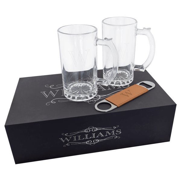 Lazerburst Beer Set with Two 14 oz. Mugs and One Rawhide Engraved Faux Leather Bottle Opener - Black