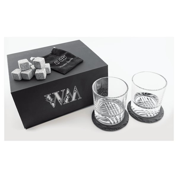 Lazerburst Whiskey Set with Two 9 oz. Glasses, Two 4" Slate Coasters, and Eight Granite Whiskey Stones with Black Velvet Bag - Black