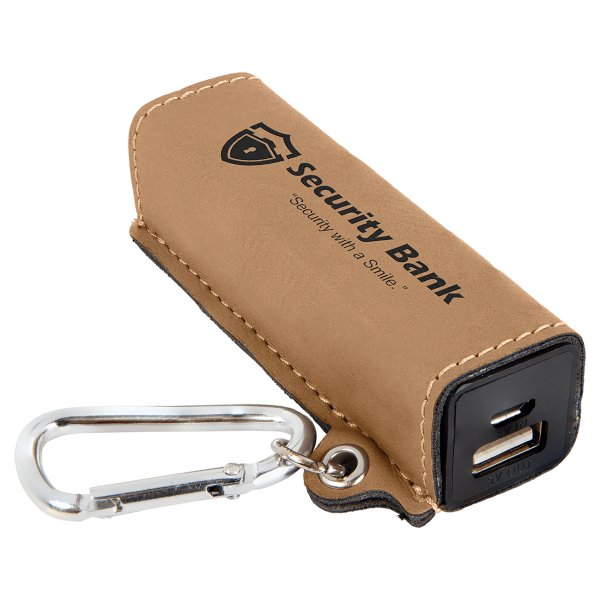 Light Brown Engraved Faux Leather 2200 mAh Power Bank with USB Cord - Light Brown