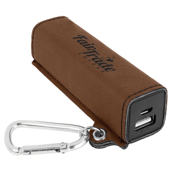 Dark Brown Engraved Faux Leather 2200 mAh Power Bank with USB Cord - Light Brown