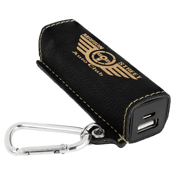 Black/Gold Engraved Faux Leather 2200 mAh Power Bank with USB Cord - Black