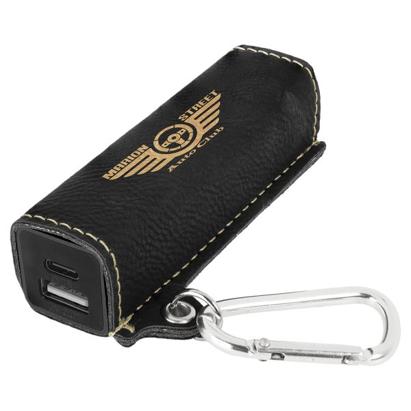 Black/Gold Engraved Faux Leather 2200 mAh Power Bank with USB-C Cord - Black