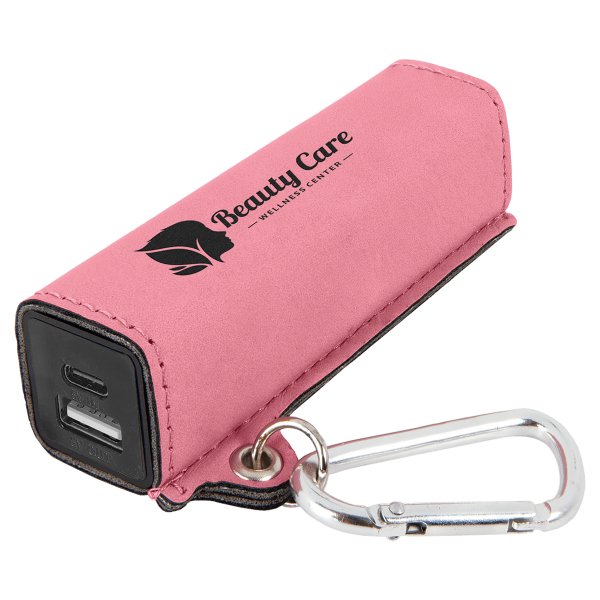 Pink Engraved Faux Leather 2200 mAh Power Bank with USB-C Cord - Pink