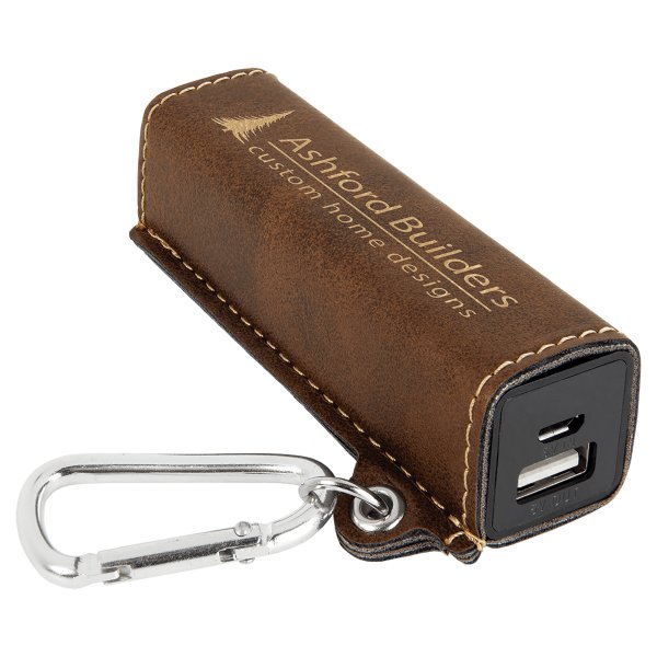 Rustic/Gold Engraved Faux Leather 2200 mAh Power Bank with USB Cord - Brown