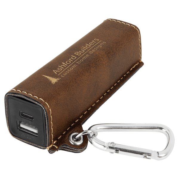 Rustic/Gold Engraved Faux Leather 2200 mAh Power Bank with USB-C Cord - Rustic