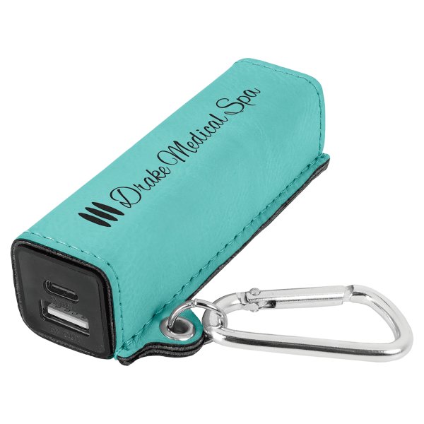 Teal Engraved Faux Leather 2200 mAh Power Bank with USB-C Cord - Teal