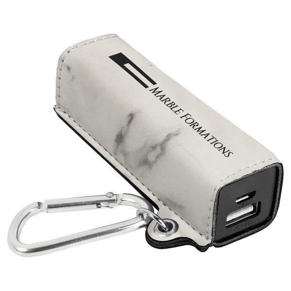 White Marble Engraved Faux Leather 2200 mAh Power Bank with USB Cord - White Marble