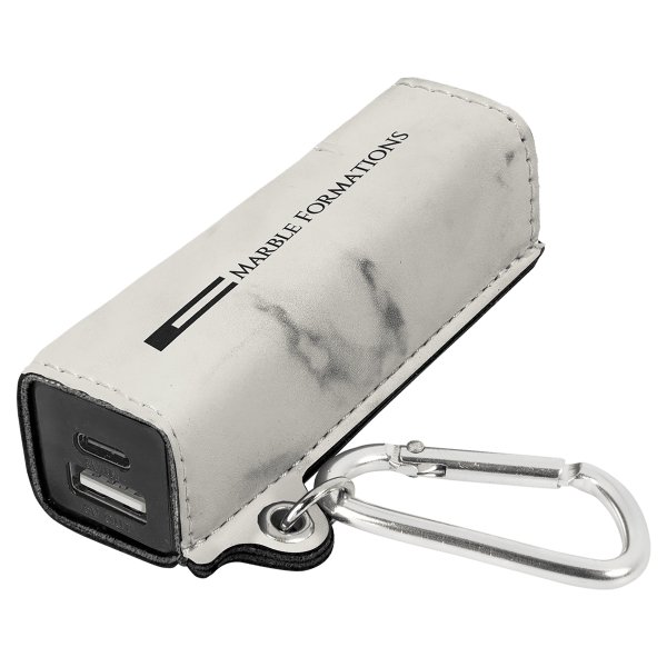 White Marble Engraved Faux Leather 2200 mAh Power Bank with USB-C Cord - White Marble