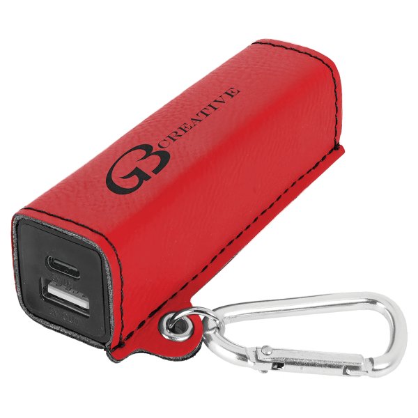 Red Engraved Faux Leather 2200 mAh Power Bank with USB-C Cord - Red