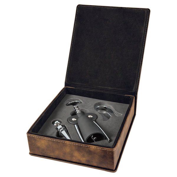 Rustic/Gold Engraved Faux Leather 3-Piece Wine Tool Gift Set - Rustic