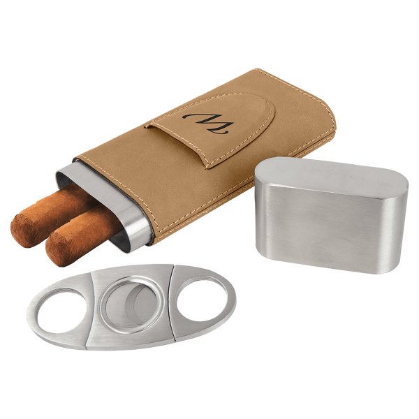 Light Brown Engraved Faux Leather Cigar Case with Cutter - Brown/Silver