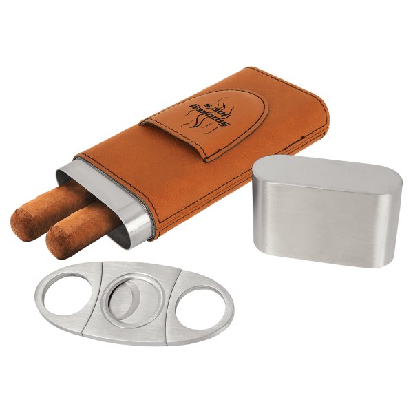 Rawhide Engraved Faux Leather Cigar Case with Cutter - Rawhide/Silver