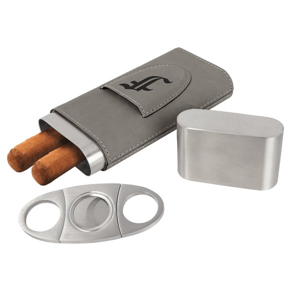 Gray Engraved Faux Leather Cigar Case with Cutter - Gray/Silver