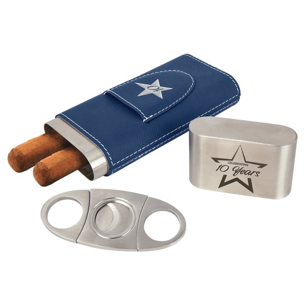 Blue/Silver Engraved Faux Leather Cigar Case with Cutter - Blue/Silver