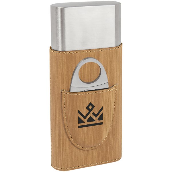 Bamboo Engraved Faux Leather Cigar Case with Cutter - Bamboo