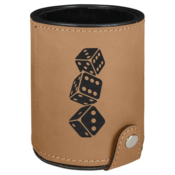 Light Brown Engraved Faux Leather Dice Cup with 5 Dice - Brown/Black/Silver