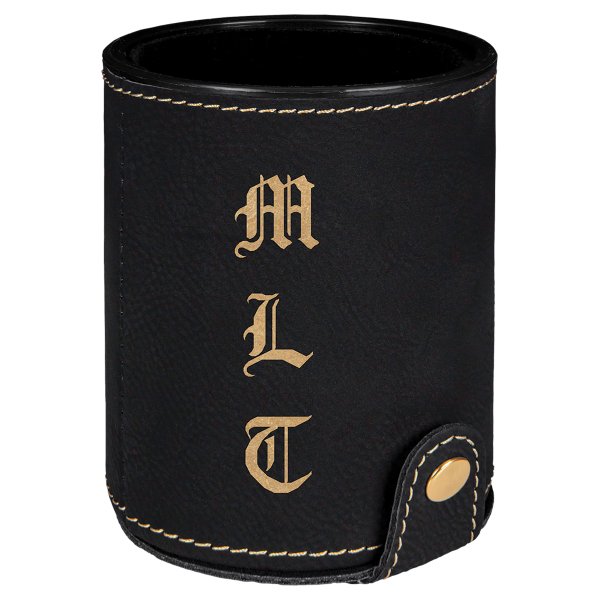 Black/Gold Engraved Faux Leather Dice Cup with 5 Dice - Black/Black/Gold