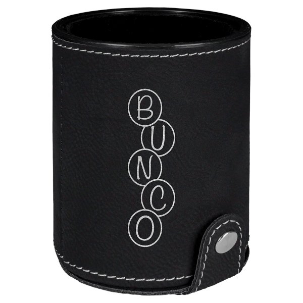 Black/Silver Engraved Faux Leather Dice Cup with 5 Dice - Black/Silver