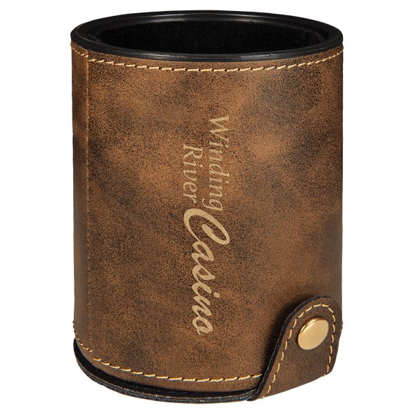 Rustic/Gold Engraved Faux Leather Dice Cup with 5 Dice - Brown/Black/Gold
