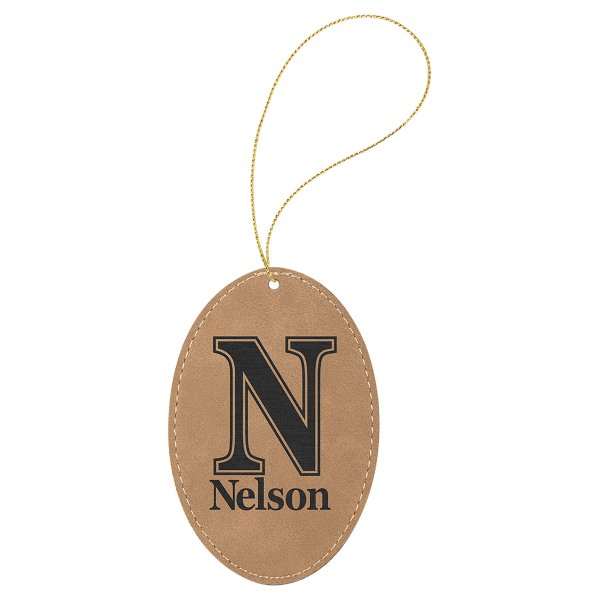 Light Brown Engraved Faux Leather Oval Ornament with Gold String - Brown/Black