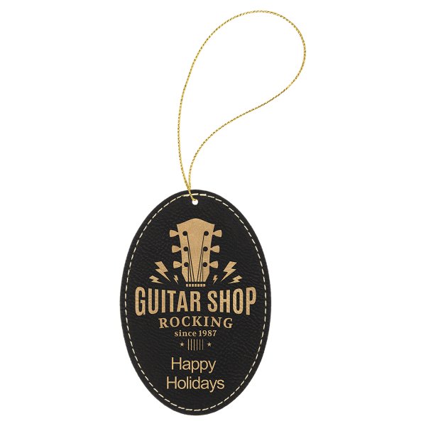 Black/Gold Engraved Faux Leather Oval Ornament with Gold String - Black/Gold