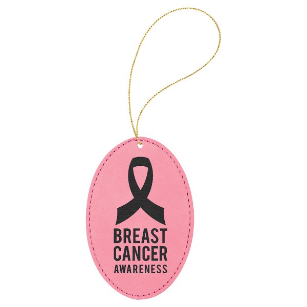 Pink Engraved Faux Leather Oval Ornament with Gold String - Pink/Black