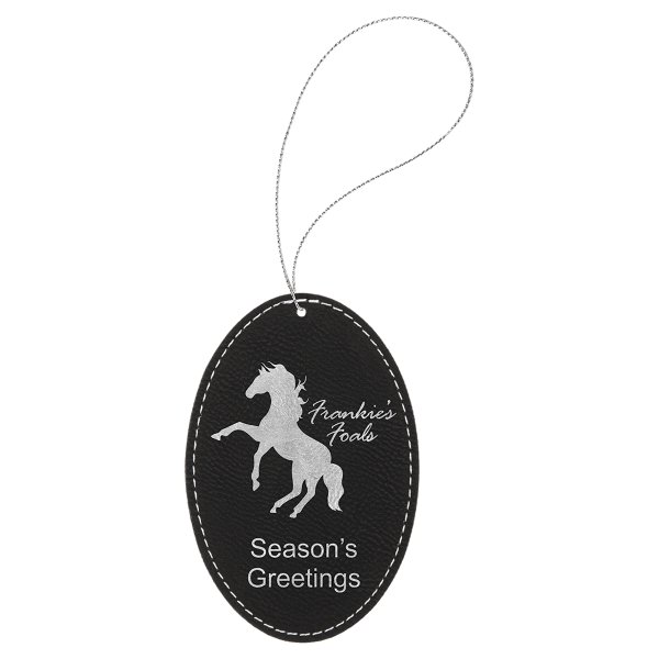 Black/Silver Engraved Faux Leather Oval Ornament with Silver String - Black/Silver