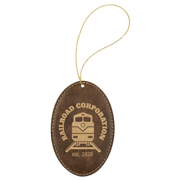 Rustic/Gold Engraved Faux Leather Oval Ornament with Gold String - Brown/Gold