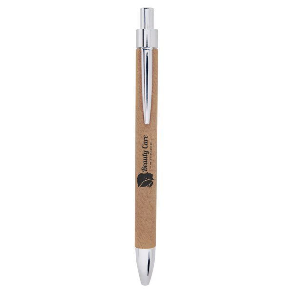 Light Brown Engraved Faux Leather Pen - Light Brown/Silver
