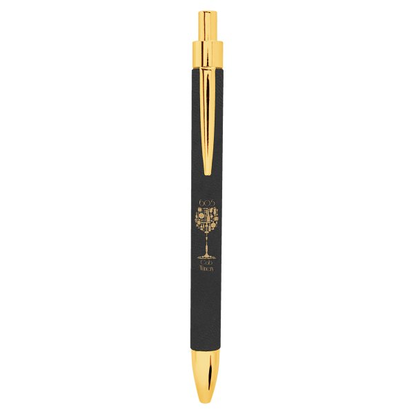 Black/Gold Engraved Faux Leather Pen - Black/Gold
