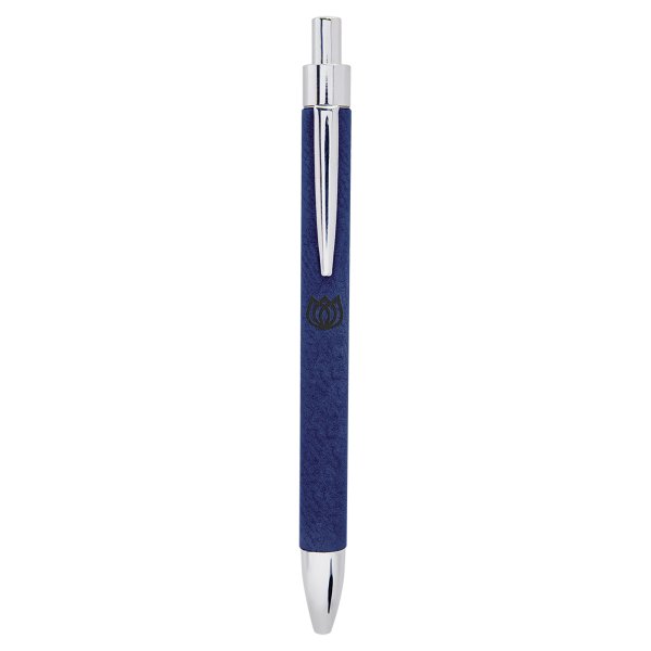 Blue/Black Engraved Faux Leather Pen - Blue/Silver
