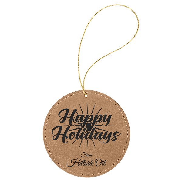 Light Brown Engraved Faux Leather Round Ornament with Gold String - Brown/Black