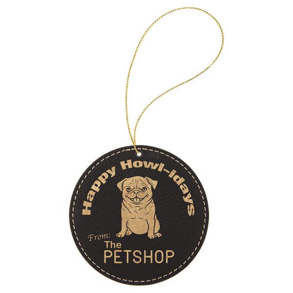 Black/Gold Engraved Faux Leather Round Ornament with Gold String - Black/Gold