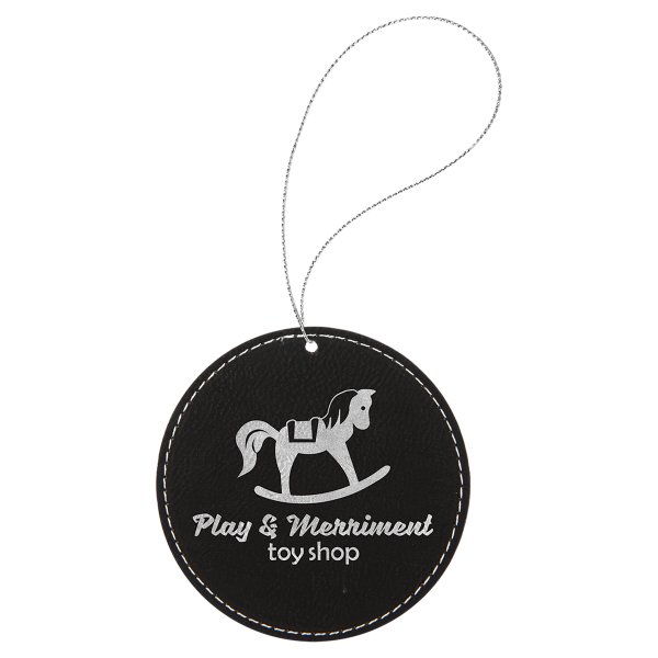 Black/Silver Engraved Faux Leather Round Ornament with Silver String - Black/Silver