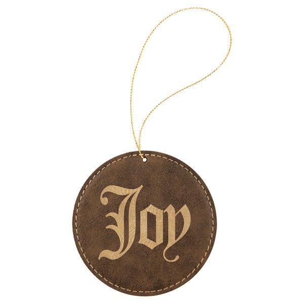 Rustic/Gold Engraved Faux Leather Round Ornament with Gold String - Brown/Gold