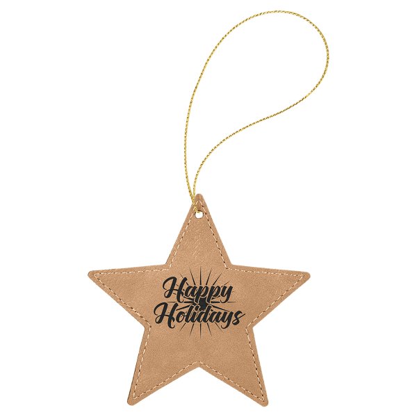 Light Brown Engraved Faux Leather Star Ornament with Gold String - Brown/Black
