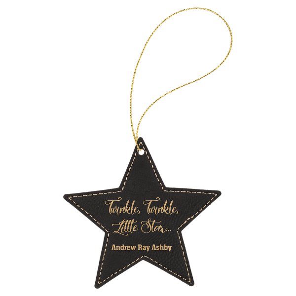 Black/Gold Engraved Faux Leather Star Ornament with Gold String - Black/Gold