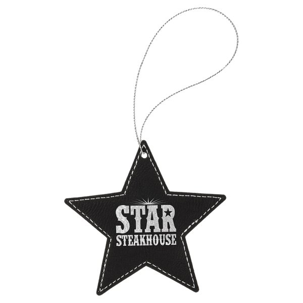 Black/Silver Engraved Faux Leather Star Ornament with Silver String - Black/Silver