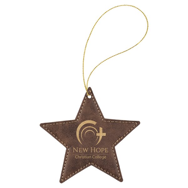 Rustic/Gold Engraved Faux Leather Star Ornament with Gold String - Brown/Gold