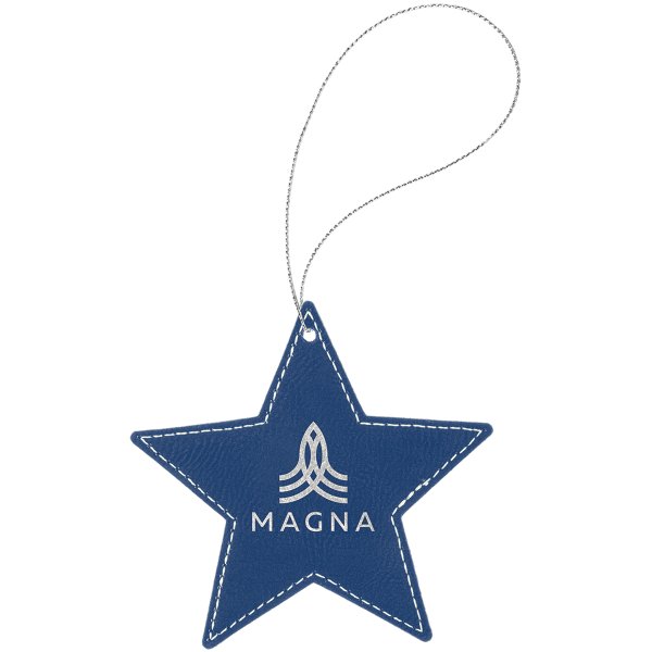 Blue/Silver Engraved Faux Leather Star Ornament with Silver String - Blue/Silver